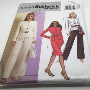 Butterick B4690 Sewing Pattern Misses Petite Jacket Belt Skirt Pants Unlined Long Sleeve Princess Seams Mid Knee Size 14 16 18 20 22 Uncut