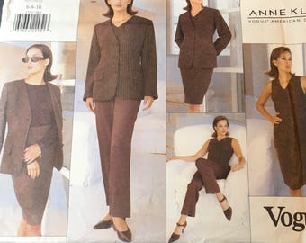 Vogue 1720 Anne Klein American Designer Sewing Pattern Misses Jacket Top Skirt Pants Belt Fitted Fully Interlaced Lined Size 6 8 10 Uncut FF