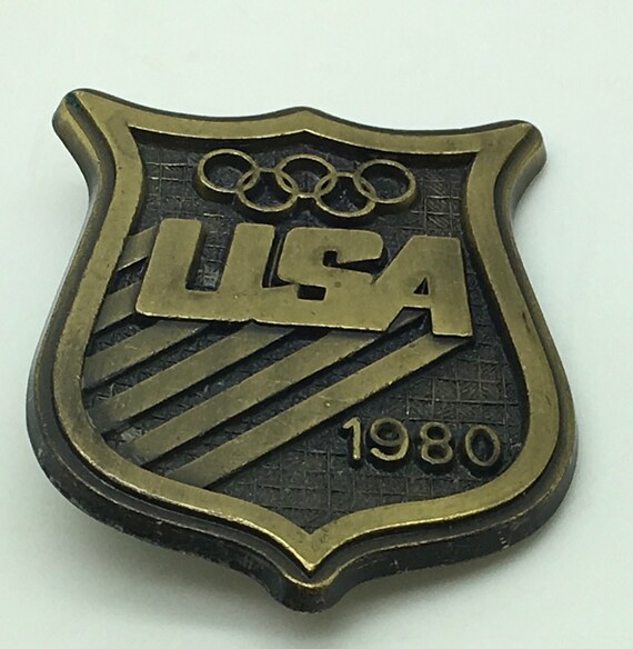 USA 1980 Olympic Belt Buckle Gold Brass Tone 1980… - image 1