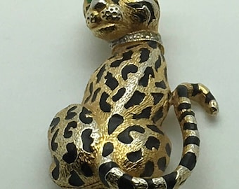 D’orlan ( Boucher ) Cheetah Panther Jaguar Big Cat Brooch Brooch Pin Gold Black  Green  Rhinestones Eyes Birthday Anniversary