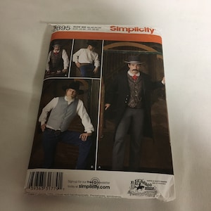 May include: Simplicity sewing pattern for a Western-themed costume. The package features images of a man in a cowboy outfit, including a vest, hat, and long coat. The pattern includes sizes BB 46,48,50,52.