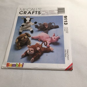 McCall’s Crafts 9113 Sewing Pattern Bean Bag Animals Puppy Cow Pig Piggy Cow Monkey Elephant 9 Inch Bean Bag Farm Animals