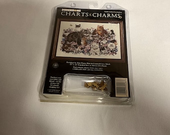 Dimensions Charts & Charms 72428 Feline Fascination Cross Stitch Cats Kitten Multi- Color Chart  Charms and Easy Instructions 17”x 12”