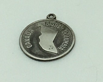 Sterling Silver Charm BC British Columbia Map Disk Charm  Souvenir Travel Memorabilia