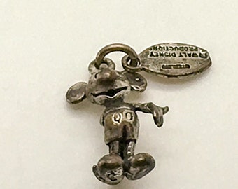 Vintage Mickey Mouse Sterling Silver  Charm For Bracelet Mickey Mouse Walt Disney Productions Disneyland  3 D Hang Tag Solid