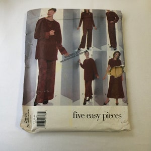May include: A sewing pattern for five easy pieces of clothing. The pattern is for a long-sleeved top and trousers, a short-sleeved top and skirt, and a dress. The pattern is printed on a white background with black text and illustrations. The text on the pattern includes "five easy pieces" and "FabricLand No Exchange No Refund".