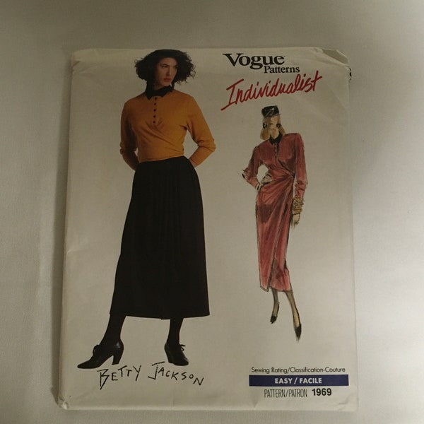 Vogue Individualist 1969 Sewing Pattern Betty Jackson Dress Top Skirt Straight Dress Lower Calf Pullover Dress Mock Wrap  Size 8