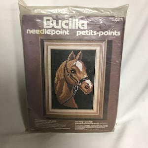 May include: A Bucilla needlepoint kit featuring a brown horse with a white stripe on its face. The kit includes a 16x22 inch canvas, yarn, and instructions. The kit is labeled "Thoroughbred" and "Pur Sang - Point-Jitt".