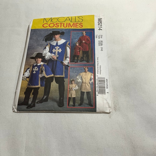 McCall's 5214 Enfants Garçons Mousquetaire Prince Tunique Longueur Doublet Doublé & Ceinture Costume Patron de Couture Taille 3 - 8 Halloween