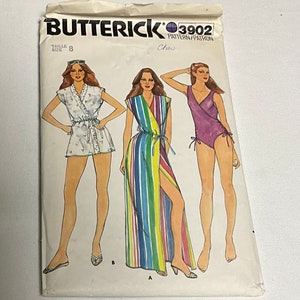 May include: A vintage sewing pattern for a swimsuit, wrap dress, and shorts. The pattern is from Butterick and the pattern number is 3902. The pattern is for size 8.