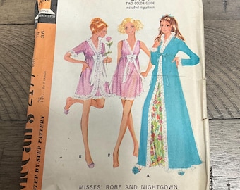 McCalls 2177 Sewing Pattern Misses Robe Nightgown Negligee Lingerie  Gathered Above Waistline Butterfly Lace Ruffling Size 14 Or 12 You Pick