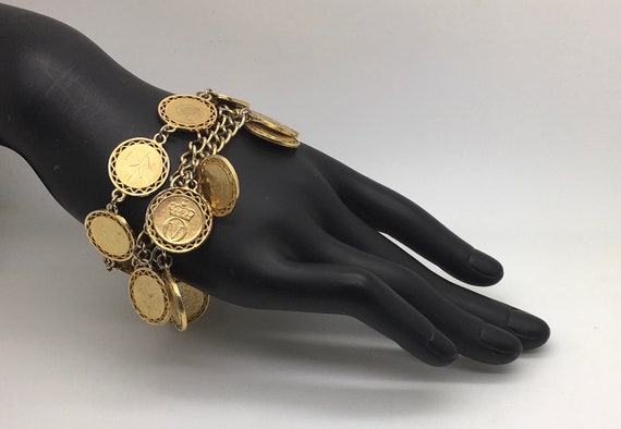 Vintage Gold Tone Faux Coin Charm Bracelet 3 Rows… - image 2