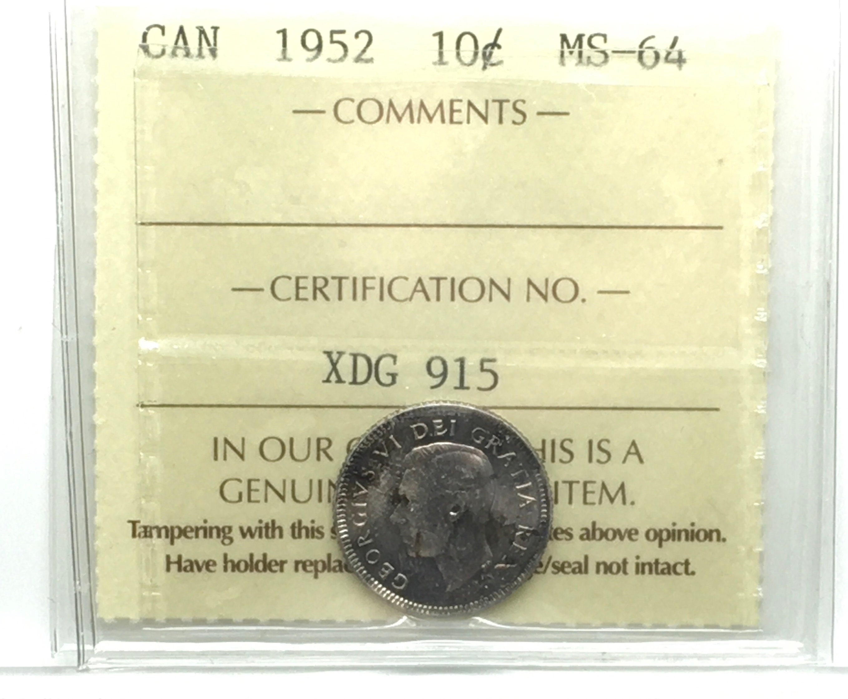 Canada 1952 10 Cents Silver Dime Certified ICCS MS - 64 Collector