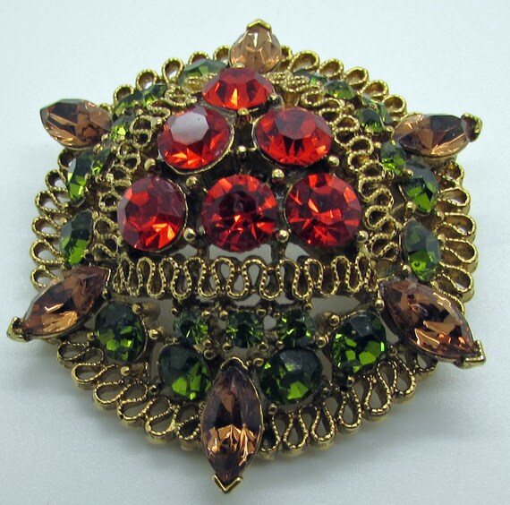 Lisner Brooch Pin Red Green Amber Color Sparkling Rhinestones