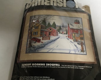 Dimensions 3111 Sunday Morning Snowfall Stamped Cross Stitch Kit Cottagecore Idyllic Winter Scene Red Barn Church Country Opened Started