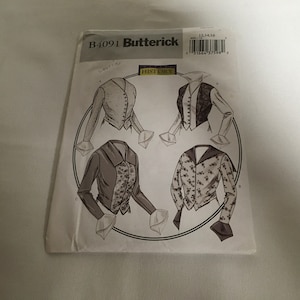 Könnte beinhalten: Ein Schnittmuster für eine Vintage-Bluse mit hohem Kragen und langen Ärmeln. Das Schnittmuster enthält vier verschiedene Ansichten, jede mit einem anderen Kragen- und Ärmelstil. Das Schnittmuster ist mit "B4091 Butterick" und "HISTORY" beschriftet.
