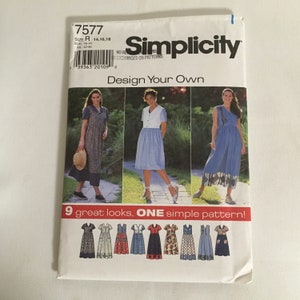 May include: Simplicity sewing pattern number 7577, Design Your Own, for a dress with 9 different looks. The pattern includes instructions for a sleeveless, short-sleeved, and long-sleeved dress with various skirt lengths and necklines.