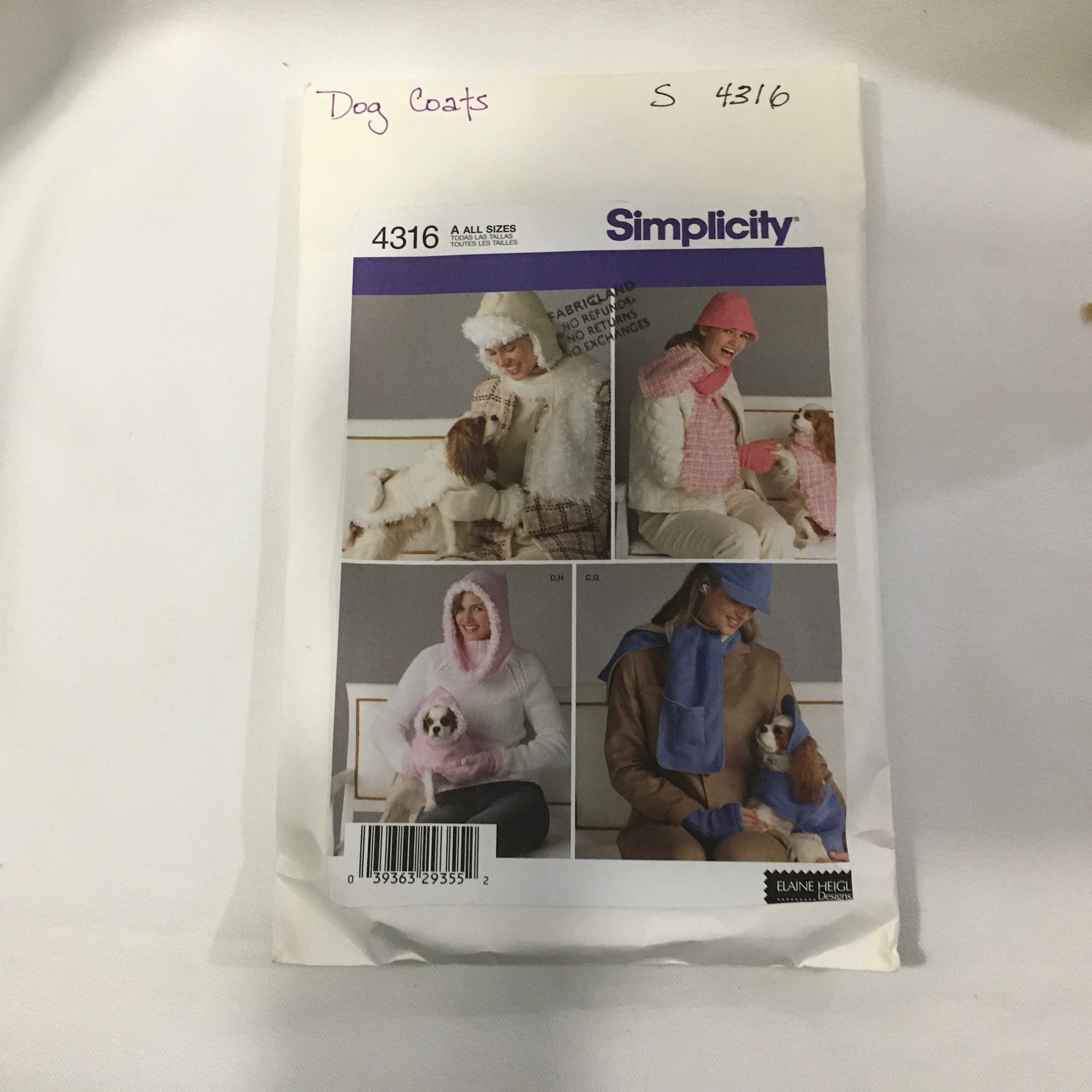 Uncut Simplicity  Sewing Pattern 4316 Misses Hat Scarf Gloves and Matching Dog Coats Three Sizes FF