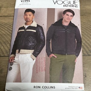 May include: Vogue Patterns V1995 sewing pattern envelope by Ron Collins featuring two jacket designs. The left jacket is black with cream faux shearling trim. The right jacket is dark gray with a black collar. Text includes V1995, Vogue Patterns, and Ron Collins.