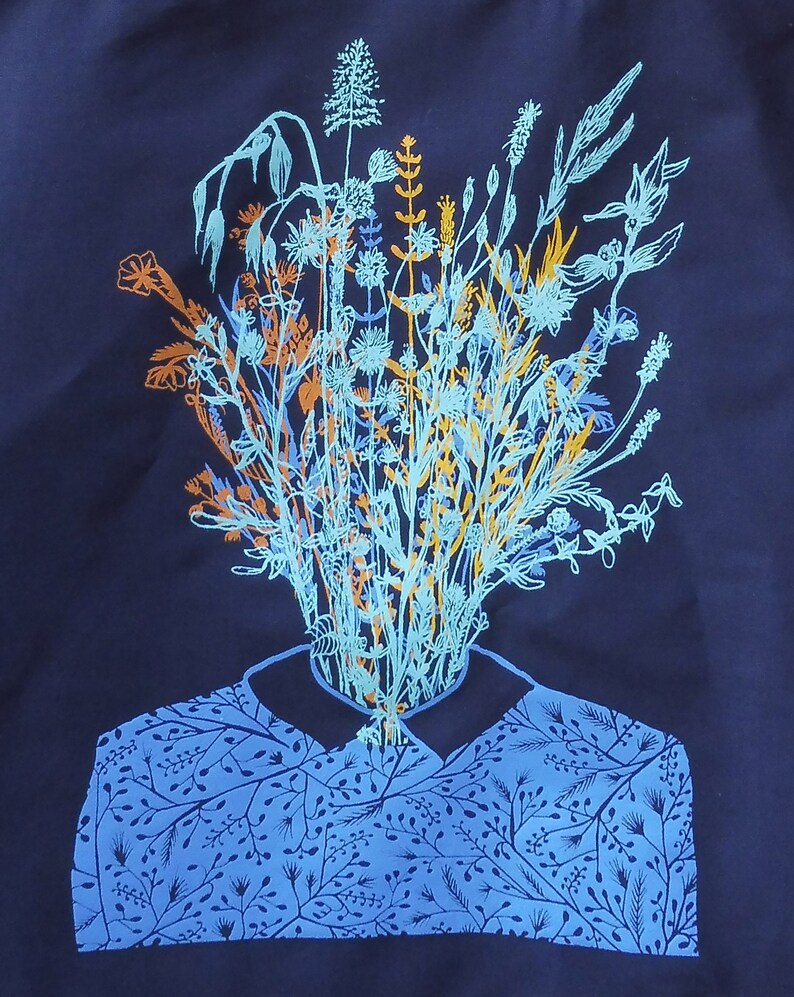 Madame Fleurs printed in handcrafted silkscreen Tote Bag bleu