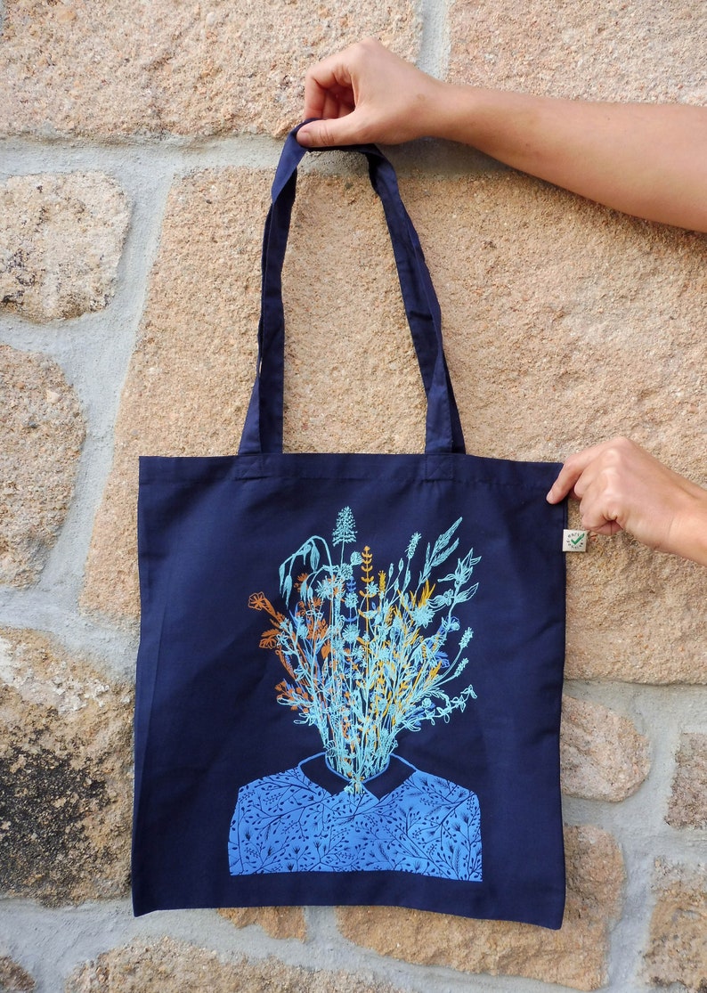 Madame Fleurs printed in handcrafted silkscreen Tote Bag bleu