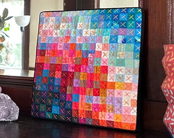 Quilted Wall Hanging, Blue & Red Tiny Piecing, 8x8"