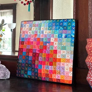 Quilted Wall Hanging, Blue & Red Tiny Piecing, 8x8&quot;