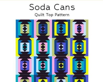 Puede incluir: Un patrón de colcha para principiantes llamado "Soda Cans" con un diseño geométrico colorido que presenta cuadrados negros, amarillos, azules, rosas y verdes. El tamaño de la colcha terminada es de 64 pulgadas por 64 pulgadas.