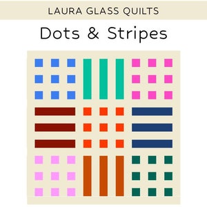 Op de afbeelding: Een quiltpatroon voor beginners met een kleurrijk ontwerp van stippen en strepen. Het patroon bevat blauwe, turquoise, roze, rode, bruine, oranje en groene vierkanten. De afmeting van de afgewerkte quilt is 67 inch bij 67 inch.