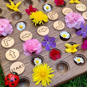 May include: A wooden game board with a ladybug, flowers, and wooden arrow pieces. The board has the word "START" written on it. The game board is on a bed of green grass.