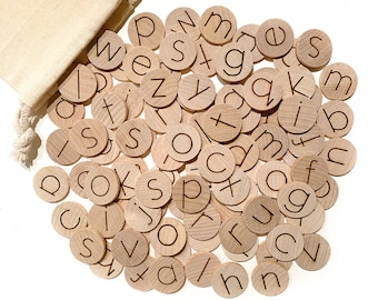 Wood Alphabet Coins / Lowercase Alphabet Discs / Wood Moveable Alphabet / Montessori Reggio Homeschool Learning Materials Kindergarten Prek