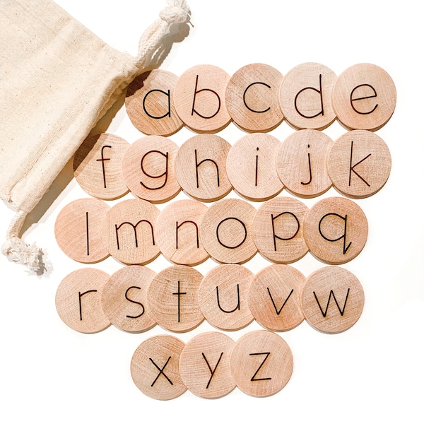 Montessori Alphabet Wood Discs / Lowercase Alphabet / Alphabet Flash Cards / Moveable Alphabet / Homeschool Preschool Kindergarten Reggio