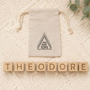 May include: A beige fabric drawstring pouch with the black text TREE FORT TOYS printed in a triangle logo, accompanied by nine light-colored wooden blocks, each engraved with a single black letter spelling out the name THEODORE in a row.