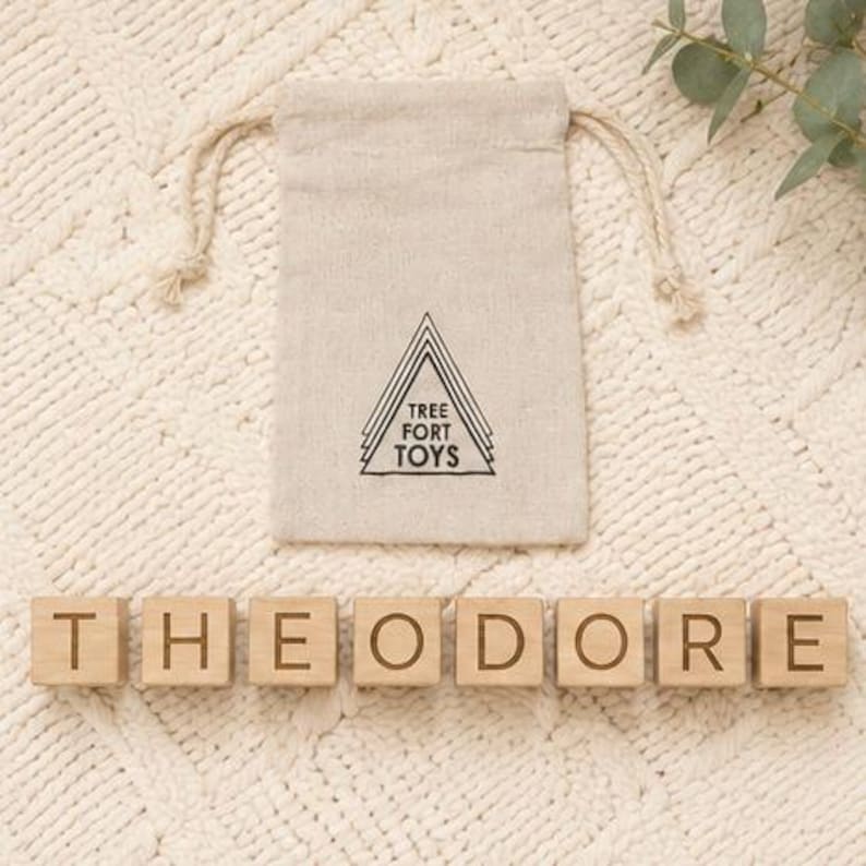 May include: A beige fabric drawstring pouch with the black text TREE FORT TOYS printed in a triangle logo, accompanied by nine light-colored wooden blocks, each engraved with a single black letter spelling out the name THEODORE in a row.