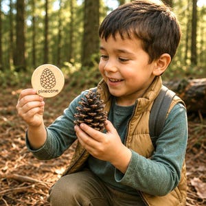 May include: A round, light-colored wooden disc featuring a black line-art illustration of a pinecone and the text "pinecone" printed below it, held alongside a natural brown pinecone with a textured, layered surface and pointed scales.