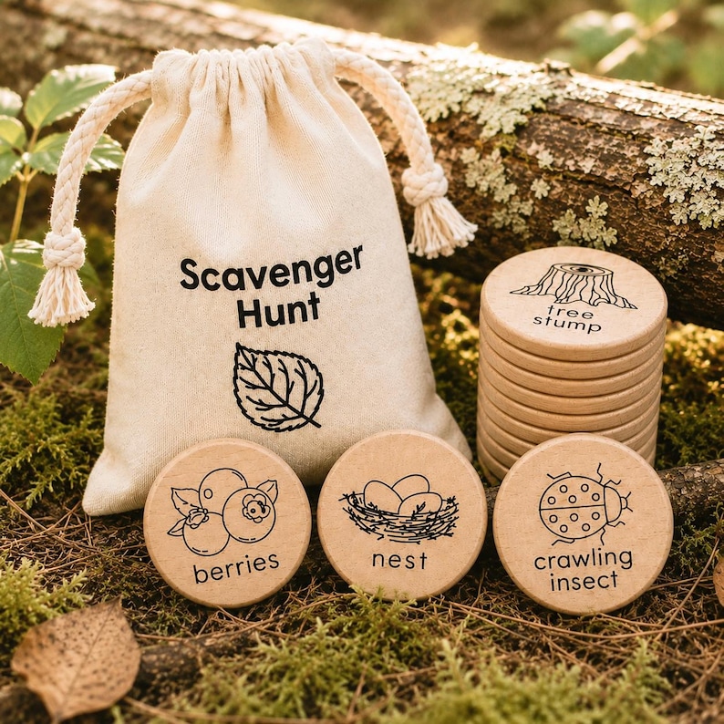 May include: A cream-colored canvas drawstring bag with the text Scavenger Hunt and a leaf illustration, accompanied by a stack of round wooden tokens and three individual tokens featuring black line drawings of berries, a nest, and a crawling insect.