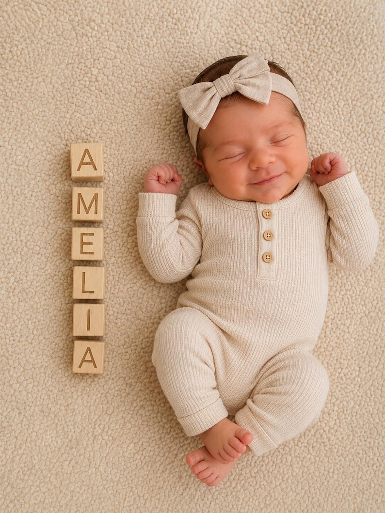 May include: A baby wearing a beige ribbed long-sleeve romper with three small wooden buttons at the neckline and a matching beige bow headband. Beside the baby are seven light wooden blocks arranged vertically, each featuring the letters A, M, E, L, I, A.
