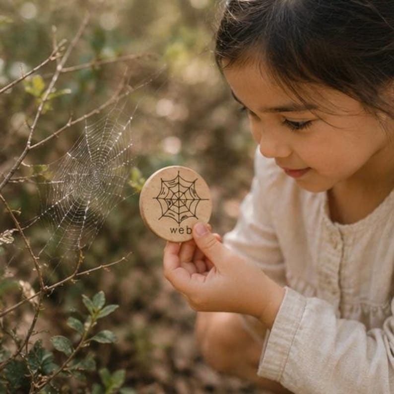May include: A round, light-colored wooden disc featuring a black line drawing of a spider web and the word "web" printed in lowercase letters. The disc is held up to display the illustration alongside a natural spider web in the environment.