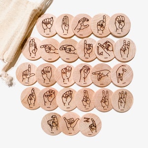 Sign Language Alphabet Wood Discs - American Sign Language Flash Cards - ASL Finger Spelling Learning Materials - Wood Educational Toys