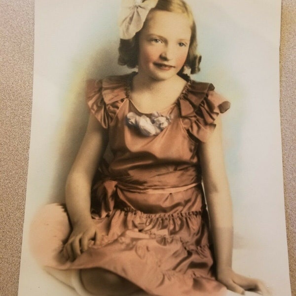 Vintage Hand Tinted Studio Photo Young Girl Dress Bow in Hair