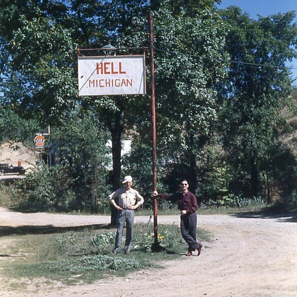 Vintage 35mm Red Border Slide Hell Michigan Sign