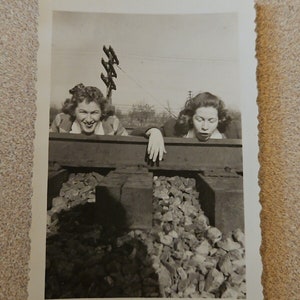 Vintage Photo Snapshot Abstract Pretty Women Heads On Railroad Track 1943
