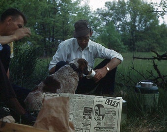 Vintage Kodachrome Red Boarder 35mm Slide Men Dog Coffee Newspaper