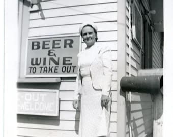 Vintage Photo Snapshot Americana Woman Street Scene Sign Beer Wine To Take Out