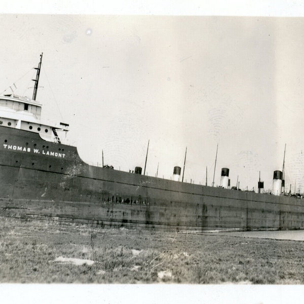 Vintage Black & White Photograph Snapshot Great Lakes Freighter Thomas W Lamont 1920s