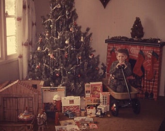 Vintage 35mm Slide Young Boy Christmas Christmas Tree Toys 1971