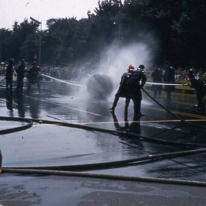 Vintage 35mm Slide Kodachrome Red Border Firemen Competition Street Scene