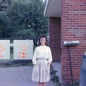 Vintage Kodachrome 35mm Slide Pretty Girl Signs Free Press Newspaper Box Dodge Van