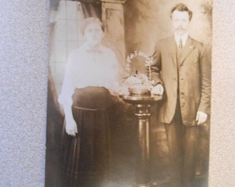 RPPC Post Card Wedding Couple Wedding Basket Pose