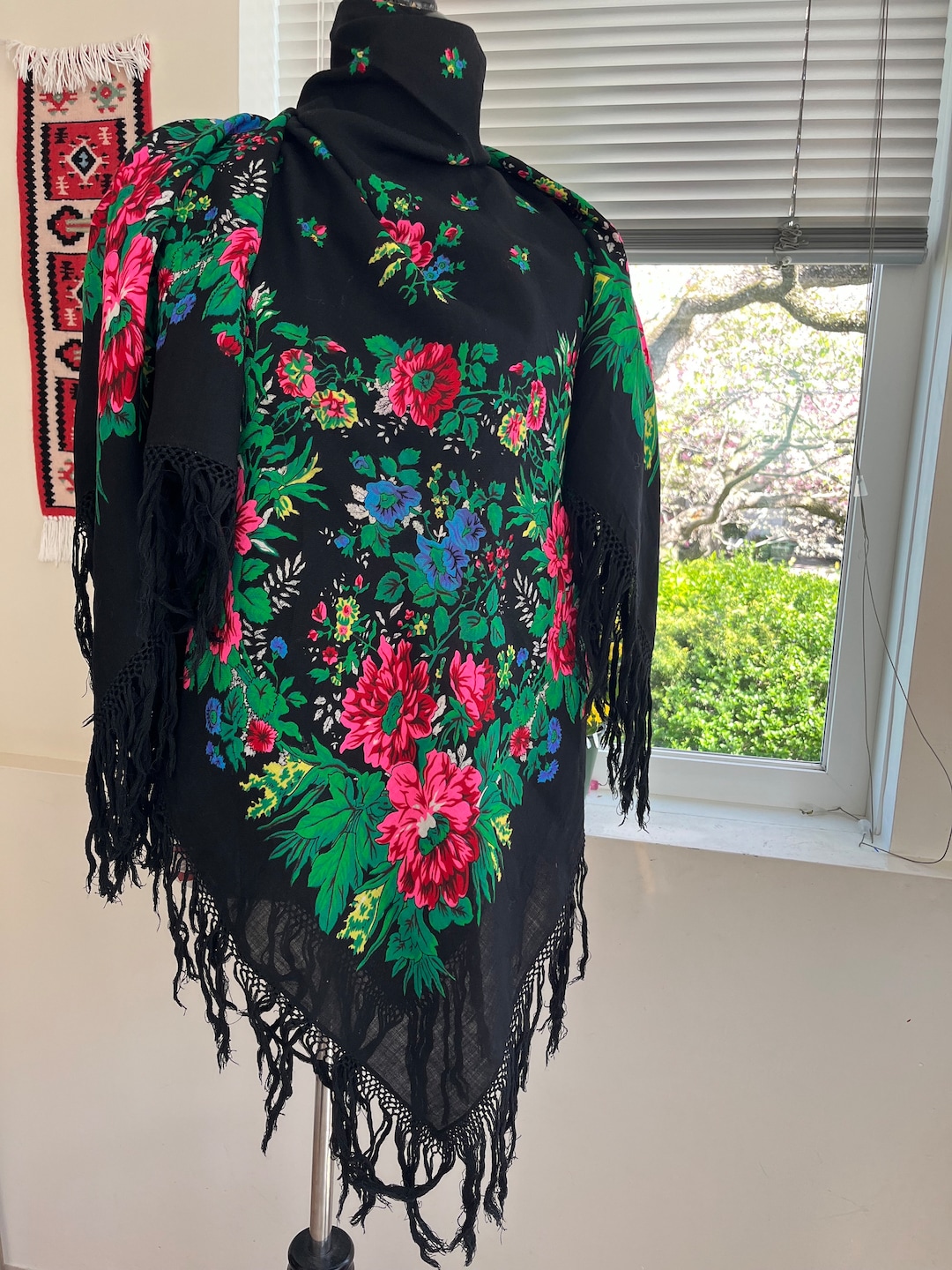 Vintage Russian Pavlov Posad Wool Shawl Scarf Black Floral - Etsy